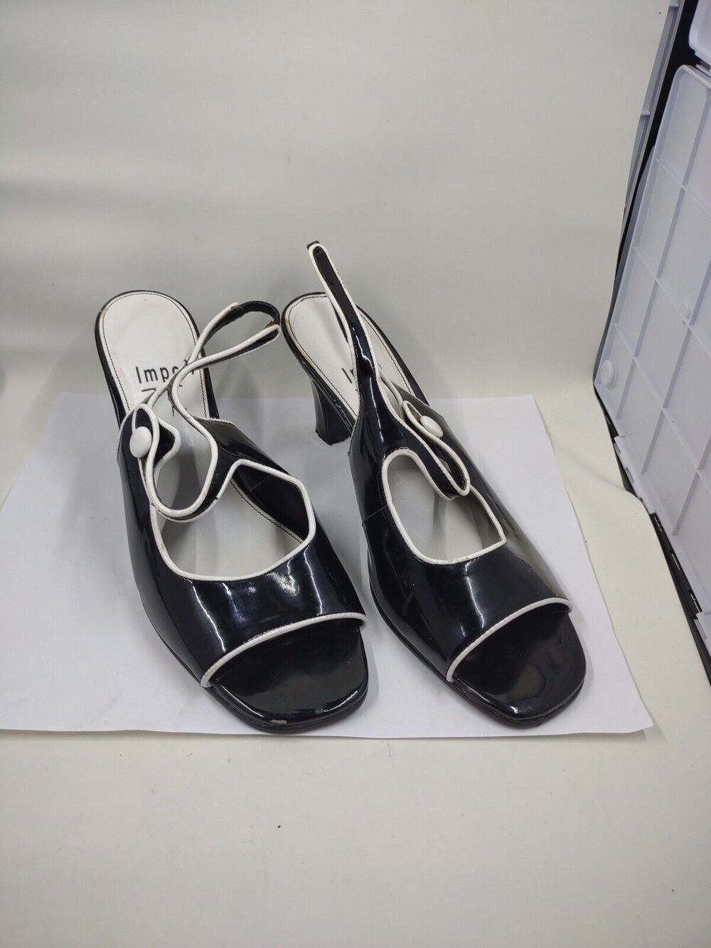 Impo Way Black and White Faux Leather Slingback Peep Toes Heels Women's Size 6M